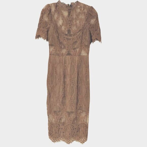 L'atiste Dress Victorian Lace Romantic Stretchy Sheer Panels Brown Mauve Tan S - Picture 12 of 14